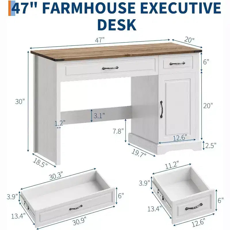 Bureau de direction rustique 47 po pour chambre et salon, avec tiroirs et meuble de rangement, pour le travail et les études, blanc