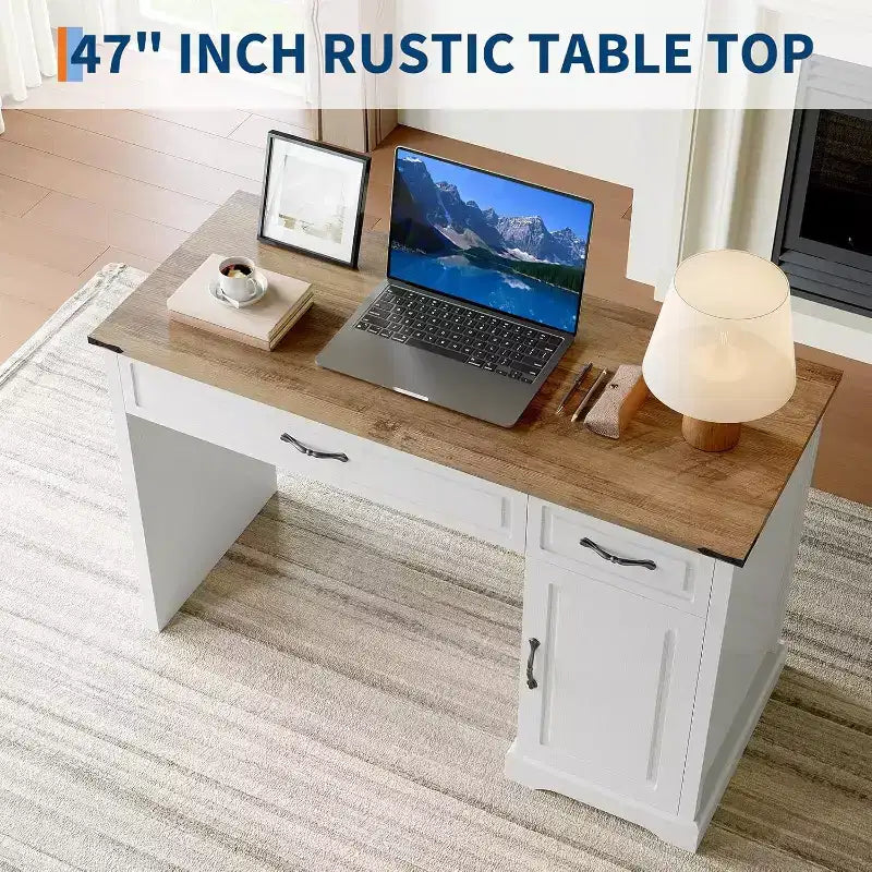Bureau de direction rustique 47 po pour chambre et salon, avec tiroirs et meuble de rangement, pour le travail et les études, blanc