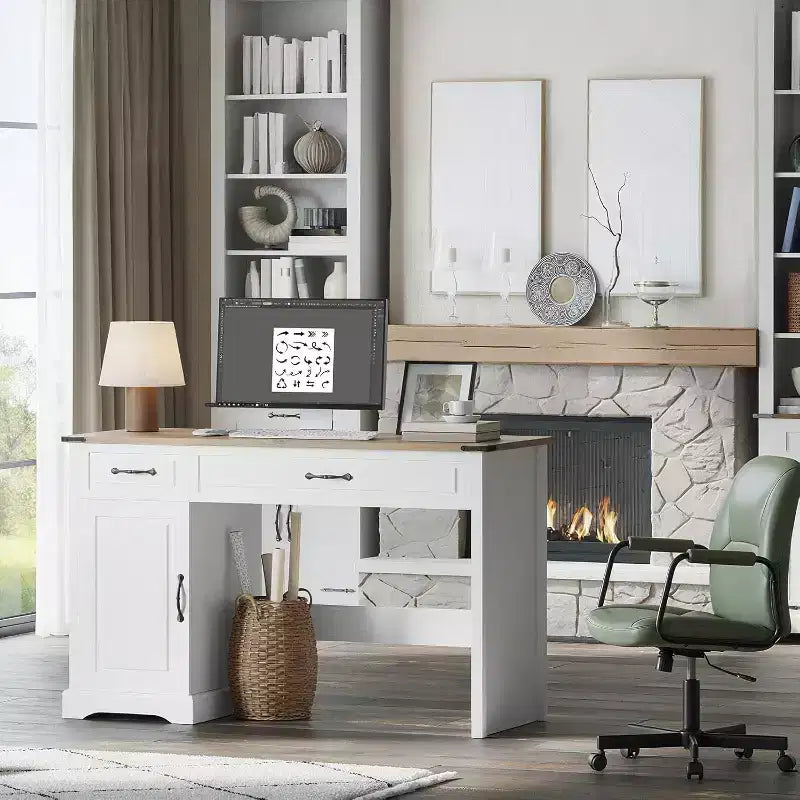 Bureau de direction rustique 47 po pour chambre et salon, avec tiroirs et meuble de rangement, pour le travail et les études, blanc