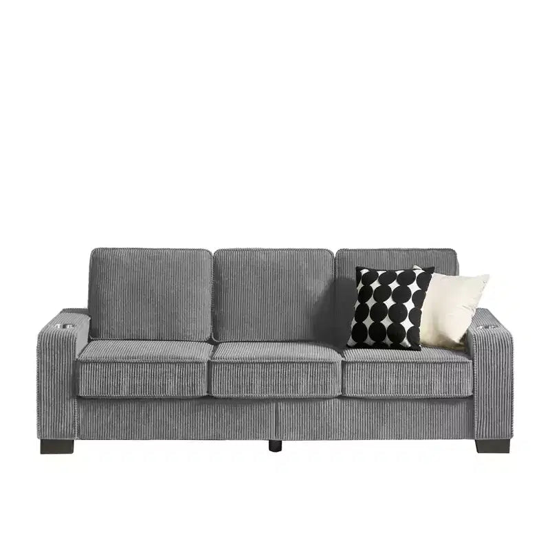 Canapé moderne en velours côtelé TUYOHW de 213 cm, canapé 3 places avec 2 porte-gobelets pour salon, chambre, bureau, appartement, gris