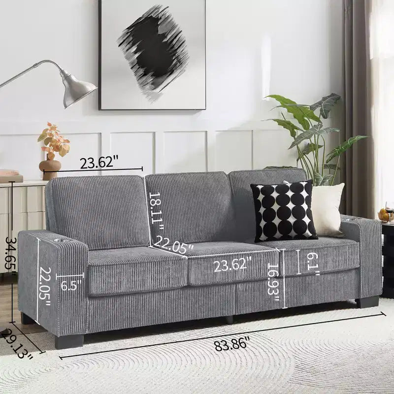 Canapé moderne en velours côtelé TUYOHW de 213 cm, canapé 3 places avec 2 porte-gobelets pour salon, chambre, bureau, appartement, gris