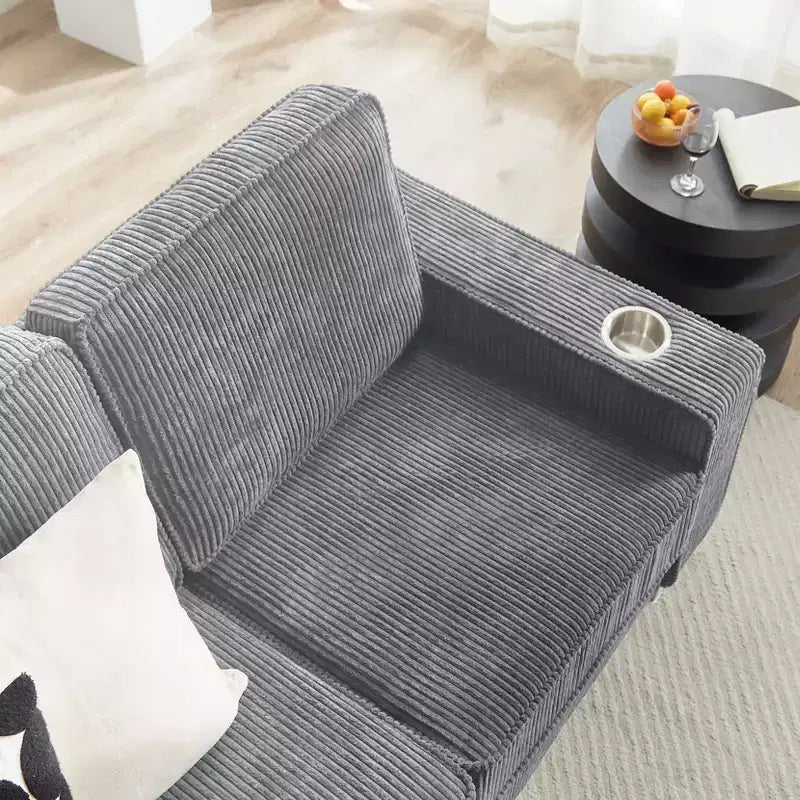 Canapé moderne en velours côtelé TUYOHW de 213 cm, canapé 3 places avec 2 porte-gobelets pour salon, chambre, bureau, appartement, gris