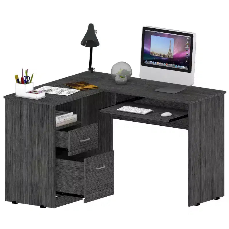 TUYOHW Bureau d'angle en L, Bureau informatique avec deux tiroirs et rangement pour UC, Étagère pour clavier, Étagère de rangement ouverte, Bureau d'écriture pour bureau, chambre à coucher