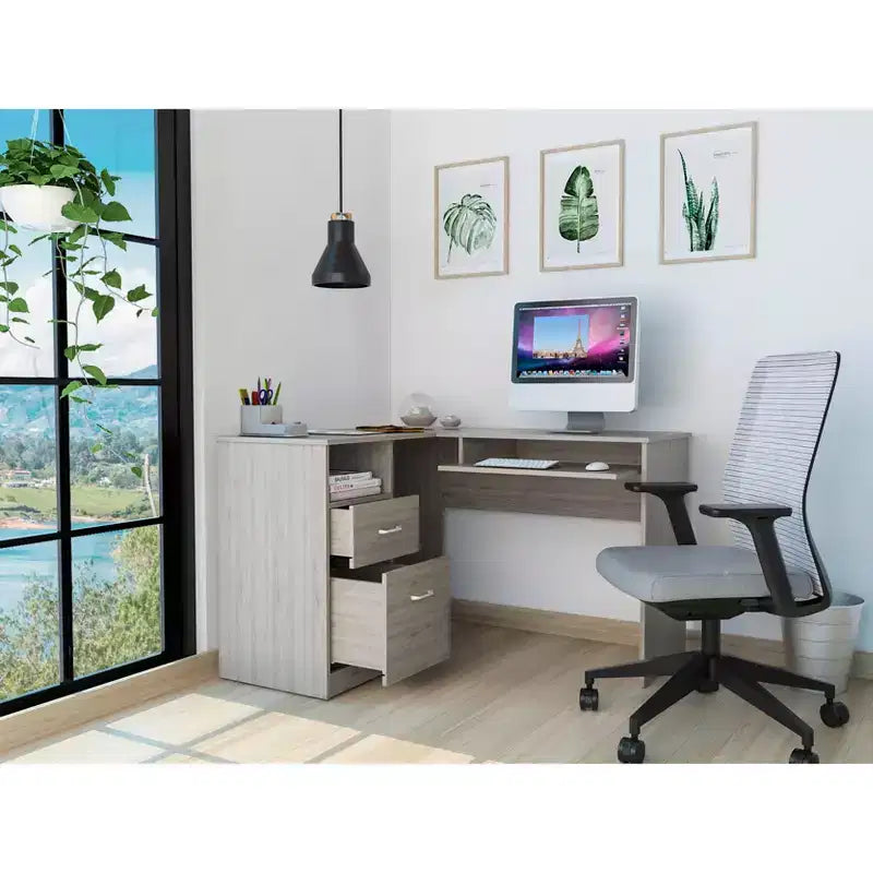 TUYOHW Bureau d'angle en L, Bureau informatique avec deux tiroirs et rangement pour UC, Étagère pour clavier, Étagère de rangement ouverte, Bureau d'écriture pour bureau, chambre à coucher