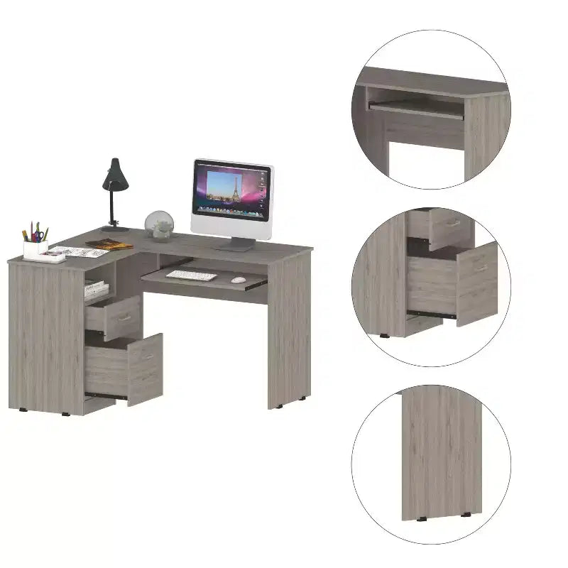 TUYOHW Bureau d'angle en L, Bureau informatique avec deux tiroirs et rangement pour UC, Étagère pour clavier, Étagère de rangement ouverte, Bureau d'écriture pour bureau, chambre à coucher