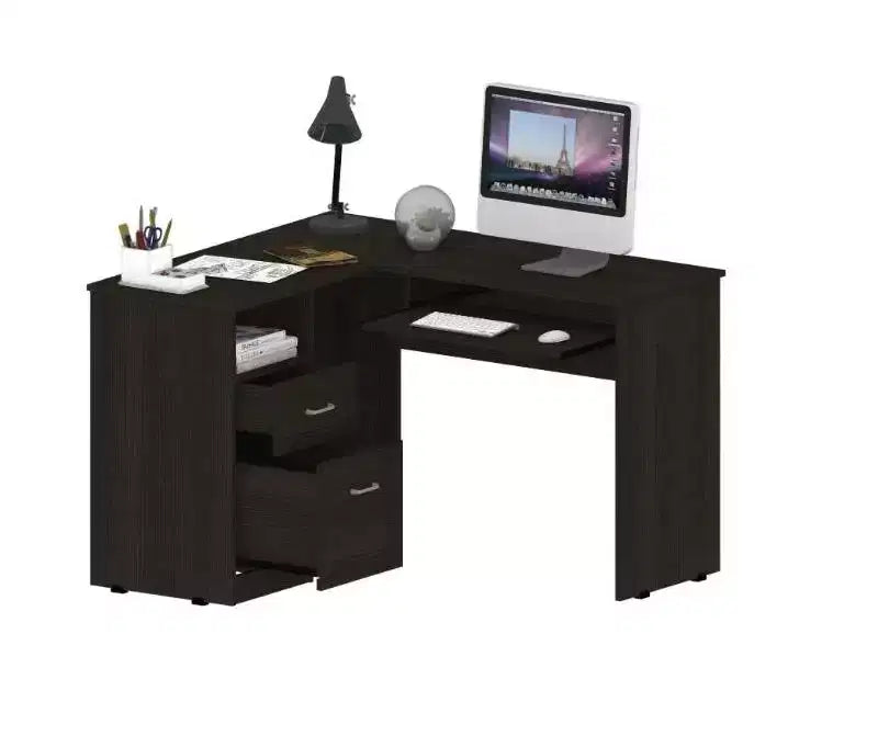 TUYOHW Bureau d'angle en L, Bureau informatique avec deux tiroirs et rangement pour UC, Étagère pour clavier, Étagère de rangement ouverte, Bureau d'écriture pour bureau, chambre à coucher