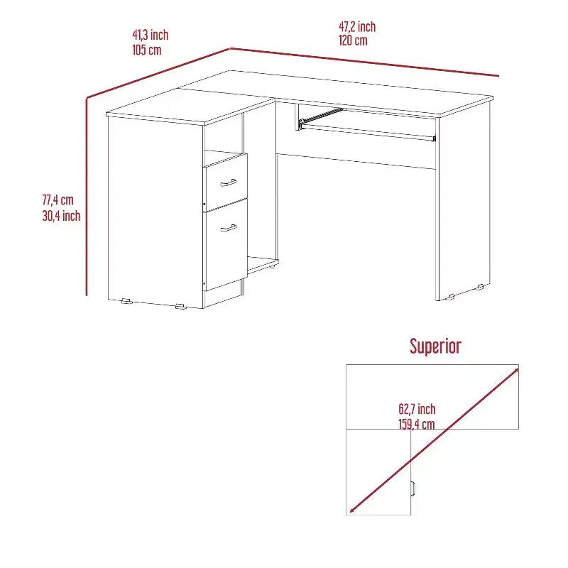 TUYOHW Bureau d'angle en L, Bureau informatique avec deux tiroirs et rangement pour UC, Étagère pour clavier, Étagère de rangement ouverte, Bureau d'écriture pour bureau, chambre à coucher