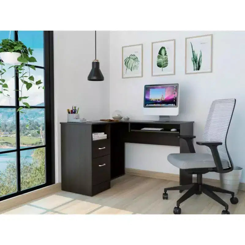 TUYOHW Bureau d'angle en L, Bureau informatique avec deux tiroirs et rangement pour UC, Étagère pour clavier, Étagère de rangement ouverte, Bureau d'écriture pour bureau, chambre à coucher