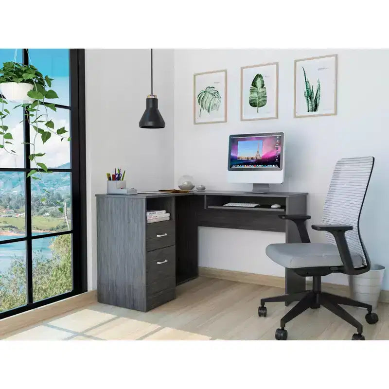 TUYOHW Bureau d'angle en L, Bureau informatique avec deux tiroirs et rangement pour UC, Étagère pour clavier, Étagère de rangement ouverte, Bureau d'écriture pour bureau, chambre à coucher