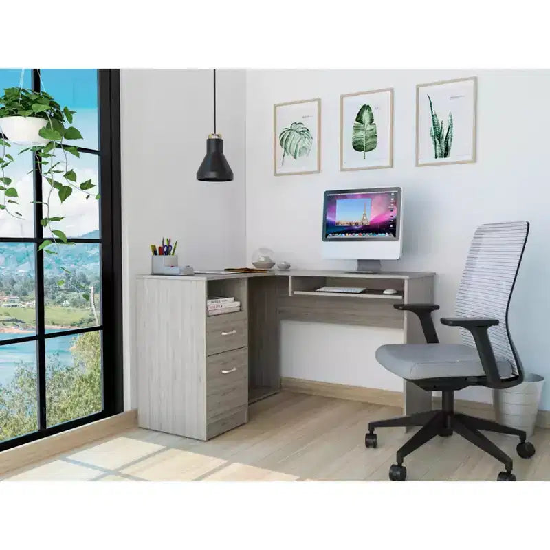 TUYOHW L-Shaped Corner Desk,Computer Desk with Two Drawers and CPU Storage,Keyboard Shelf,Open Storage Shelf,Writing Desk for Office,Bedroom