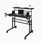 TUYOHW Bureau roulant, bureau d'étude avec plateau réglable en hauteur, étagère mobile, roulettes verrouillables, porte-gobelet, support de casque, bureau pour le bureau