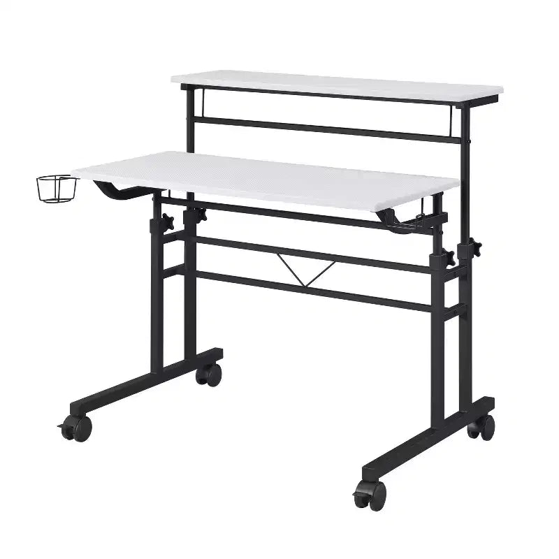 TUYOHW Bureau roulant, bureau d'étude avec plateau réglable en hauteur, étagère mobile, roulettes verrouillables, porte-gobelet, support de casque, bureau pour le bureau