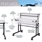 TUYOHW Bureau roulant, bureau d'étude avec plateau réglable en hauteur, étagère mobile, roulettes verrouillables, porte-gobelet, support de casque, bureau pour le bureau