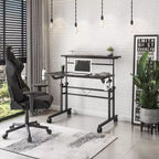 TUYOHW Bureau roulant, bureau d'étude avec plateau réglable en hauteur, étagère mobile, roulettes verrouillables, porte-gobelet, support de casque, bureau pour le bureau