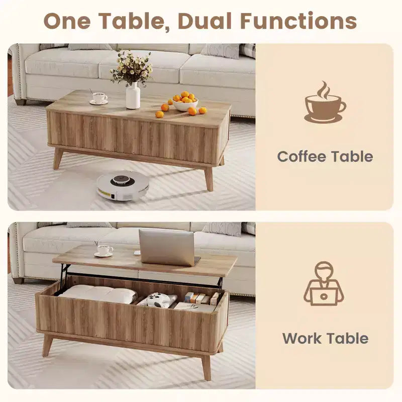 Table basse à plateau relevable cannelé Costway 43,5 pouces avec compartiments cachés pour la maison