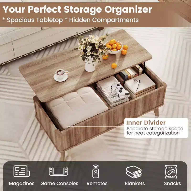 Table basse à plateau relevable cannelé Costway 43,5 pouces avec compartiments cachés pour la maison