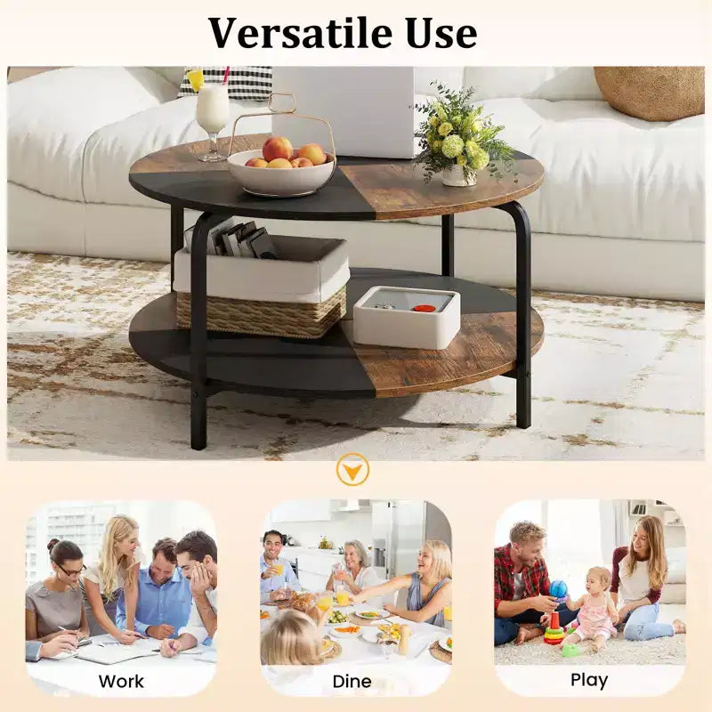 Costway Table Basse Ronde à 2 Niveaux avec Étagère de Rangement Cadre Métallique pour Salon Appartement Marron Rustique