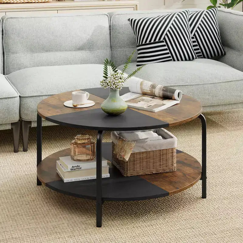 Costway Table Basse Ronde à 2 Niveaux avec Étagère de Rangement Cadre Métallique pour Salon Appartement Marron Rustique