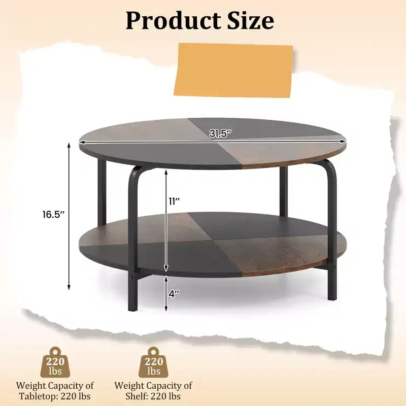 Costway Table Basse Ronde à 2 Niveaux avec Étagère de Rangement Cadre Métallique pour Salon Appartement Marron Rustique