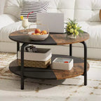 Costway Table Basse Ronde à 2 Niveaux avec Étagère de Rangement Cadre Métallique pour Salon Appartement Marron Rustique