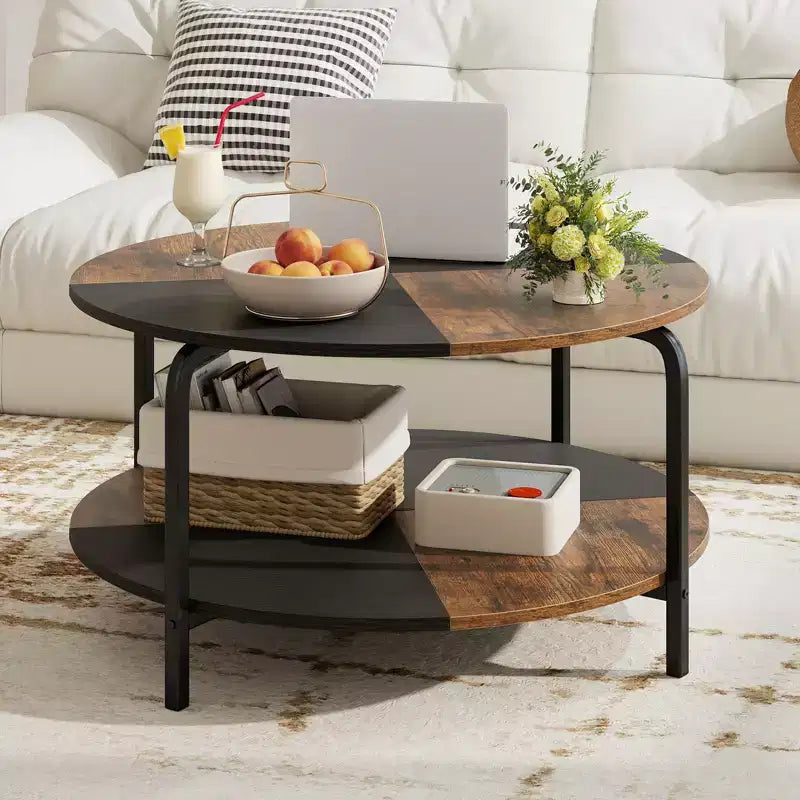 Costway Table Basse Ronde à 2 Niveaux avec Étagère de Rangement Cadre Métallique pour Salon Appartement Marron Rustique