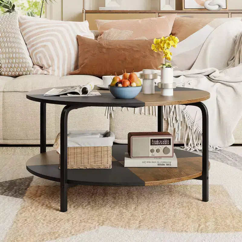 Costway Table Basse Ronde à 2 Niveaux avec Étagère de Rangement Cadre Métallique pour Salon Appartement Marron Rustique