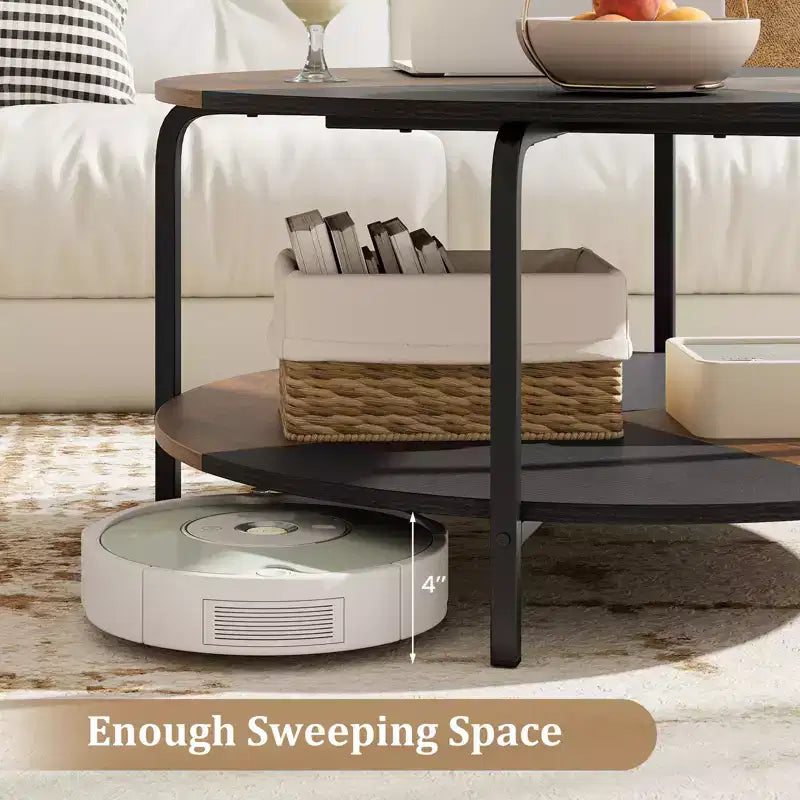 Costway Table Basse Ronde à 2 Niveaux avec Étagère de Rangement Cadre Métallique pour Salon Appartement Marron Rustique