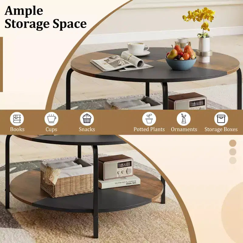Costway Table Basse Ronde à 2 Niveaux avec Étagère de Rangement Cadre Métallique pour Salon Appartement Marron Rustique