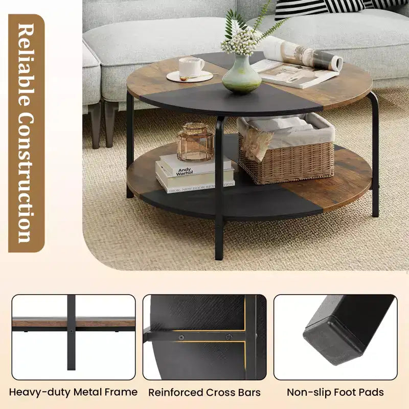 Costway Table Basse Ronde à 2 Niveaux avec Étagère de Rangement Cadre Métallique pour Salon Appartement Marron Rustique