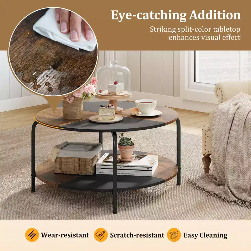 Costway Table Basse Ronde à 2 Niveaux avec Étagère de Rangement Cadre Métallique pour Salon Appartement Marron Rustique