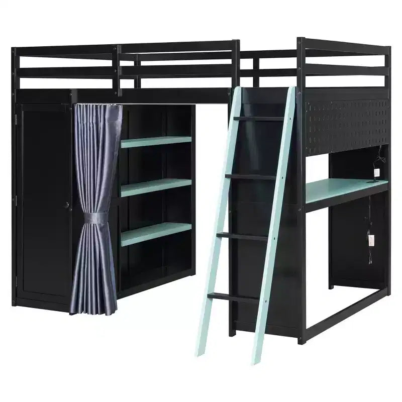 Lit mezzanine gaming pleine grandeur avec bureau et lumières RVB, cadre de lit mezzanine en bois avec armoire de rangement, étagères et rideaux occultants