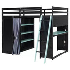 Lit mezzanine gaming pleine grandeur avec bureau et lumières RVB, cadre de lit mezzanine en bois avec armoire de rangement, étagères et rideaux occultants