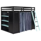 Lit mezzanine gaming pleine grandeur avec bureau et lumières RVB, cadre de lit mezzanine en bois avec armoire de rangement, étagères et rideaux occultants