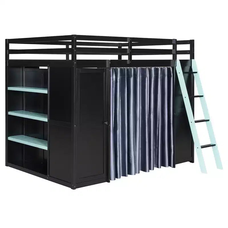 Lit mezzanine gaming pleine grandeur avec bureau et lumières RVB, cadre de lit mezzanine en bois avec armoire de rangement, étagères et rideaux occultants