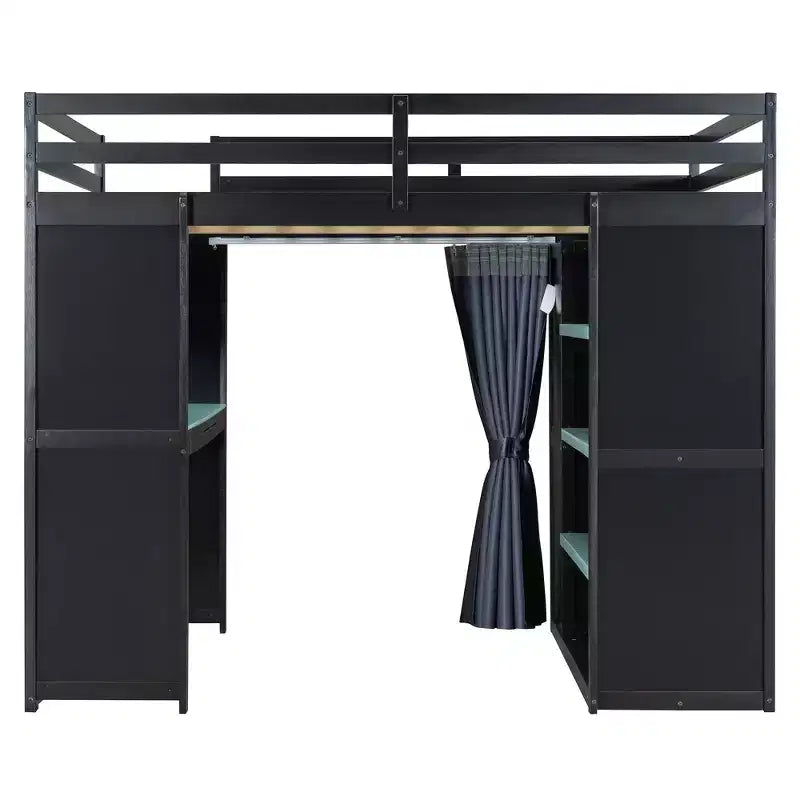 Lit mezzanine gaming pleine grandeur avec bureau et lumières RVB, cadre de lit mezzanine en bois avec armoire de rangement, étagères et rideaux occultants
