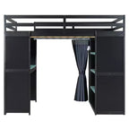 Lit mezzanine gaming pleine grandeur avec bureau et lumières RVB, cadre de lit mezzanine en bois avec armoire de rangement, étagères et rideaux occultants