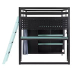Lit mezzanine gaming pleine grandeur avec bureau et lumières RVB, cadre de lit mezzanine en bois avec armoire de rangement, étagères et rideaux occultants