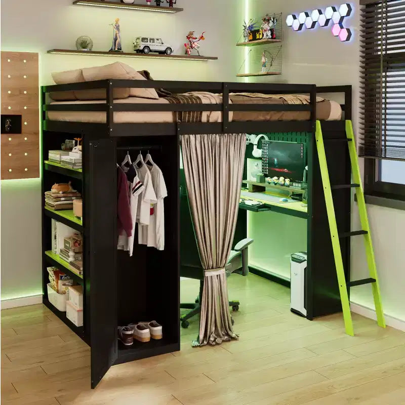 Lit mezzanine gaming pleine grandeur avec bureau et lumières RVB, cadre de lit mezzanine en bois avec armoire de rangement, étagères et rideaux occultants