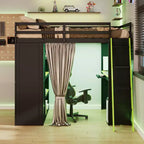 Lit mezzanine gaming pleine grandeur avec bureau et lumières RVB, cadre de lit mezzanine en bois avec armoire de rangement, étagères et rideaux occultants