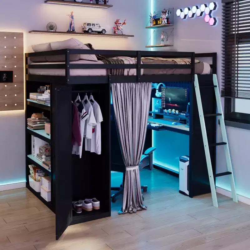 Lit mezzanine gaming pleine grandeur avec bureau et lumières RVB, cadre de lit mezzanine en bois avec armoire de rangement, étagères et rideaux occultants