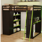 Lit mezzanine gaming pleine grandeur avec bureau et lumières RVB, cadre de lit mezzanine en bois avec armoire de rangement, étagères et rideaux occultants