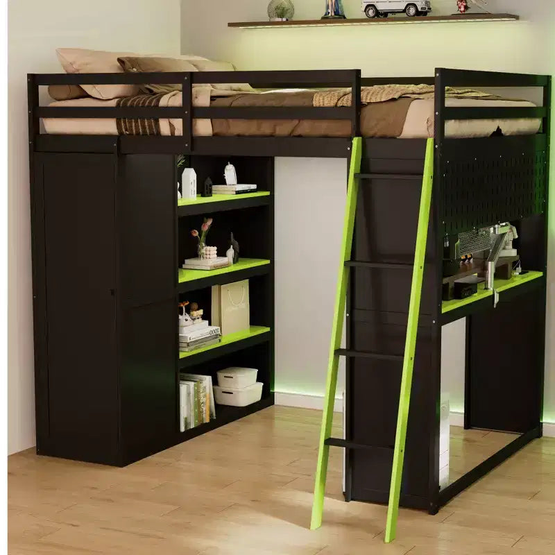 Lit mezzanine gaming pleine grandeur avec bureau et lumières RVB, cadre de lit mezzanine en bois avec armoire de rangement, étagères et rideaux occultants