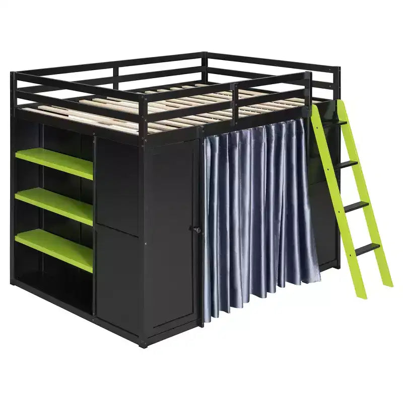 Lit mezzanine gaming pleine grandeur avec bureau et lumières RVB, cadre de lit mezzanine en bois avec armoire de rangement, étagères et rideaux occultants