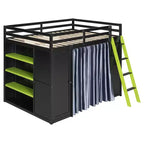 Lit mezzanine gaming pleine grandeur avec bureau et lumières RVB, cadre de lit mezzanine en bois avec armoire de rangement, étagères et rideaux occultants