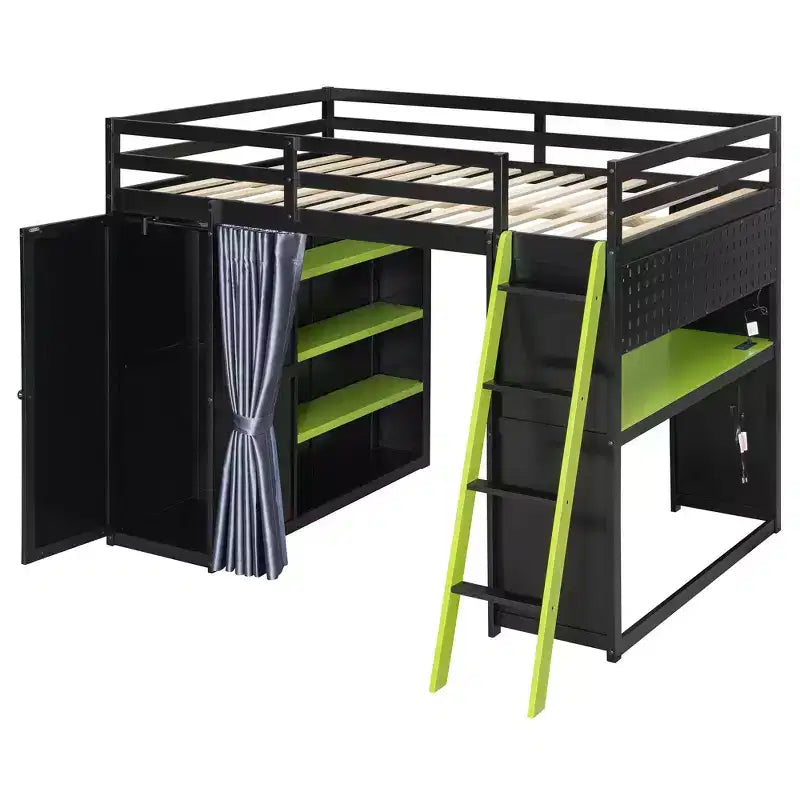 Lit mezzanine gaming pleine grandeur avec bureau et lumières RVB, cadre de lit mezzanine en bois avec armoire de rangement, étagères et rideaux occultants