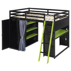 Lit mezzanine gaming pleine grandeur avec bureau et lumières RVB, cadre de lit mezzanine en bois avec armoire de rangement, étagères et rideaux occultants