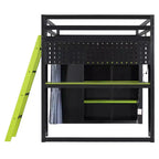 Lit mezzanine gaming pleine grandeur avec bureau et lumières RVB, cadre de lit mezzanine en bois avec armoire de rangement, étagères et rideaux occultants