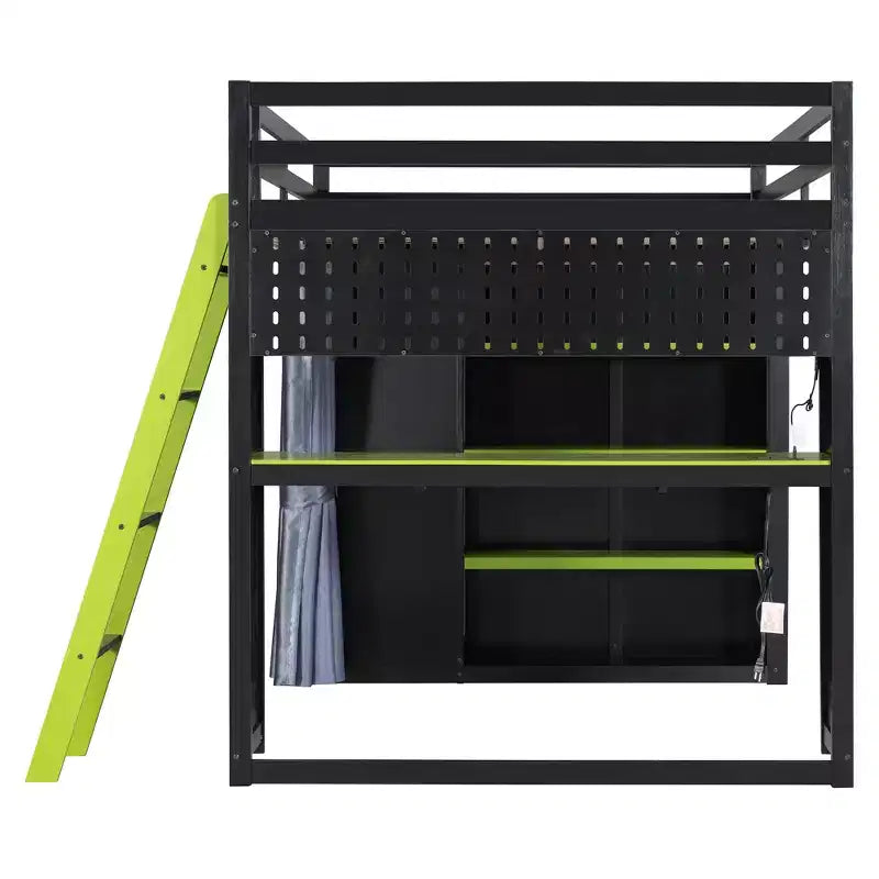 Lit mezzanine gaming pleine grandeur avec bureau et lumières RVB, cadre de lit mezzanine en bois avec armoire de rangement, étagères et rideaux occultants