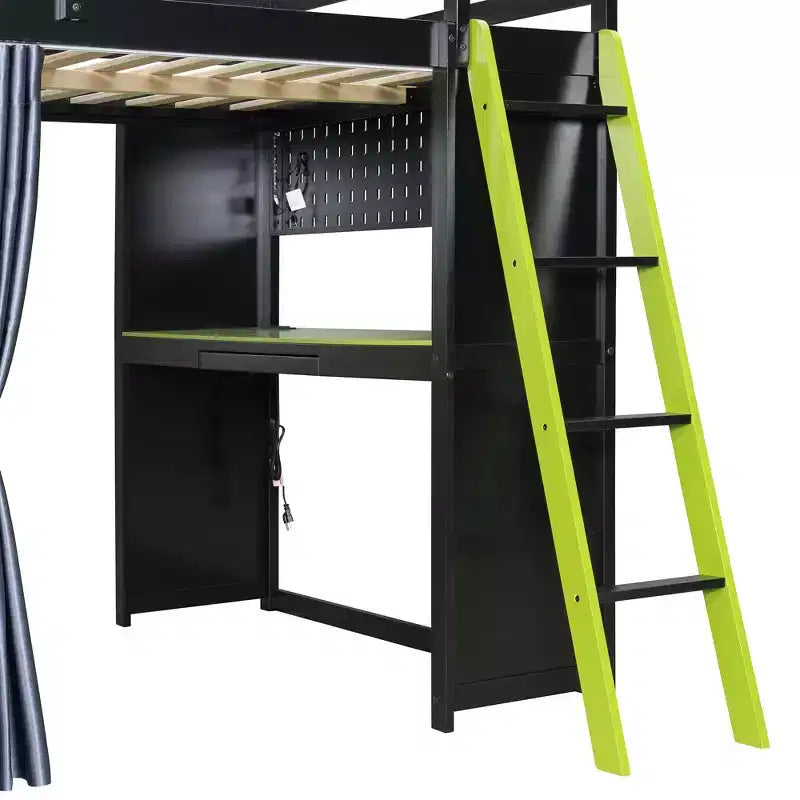 Lit mezzanine gaming pleine grandeur avec bureau et lumières RVB, cadre de lit mezzanine en bois avec armoire de rangement, étagères et rideaux occultants