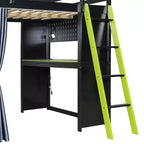 Lit mezzanine gaming pleine grandeur avec bureau et lumières RVB, cadre de lit mezzanine en bois avec armoire de rangement, étagères et rideaux occultants